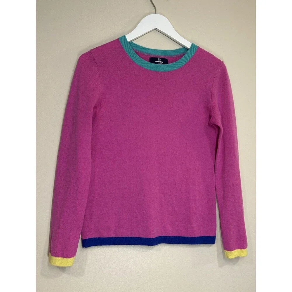 Lands' End Cashmere Sweater Sz XS Colorblock Fuchsia Teal Navy Preppy Luxury
